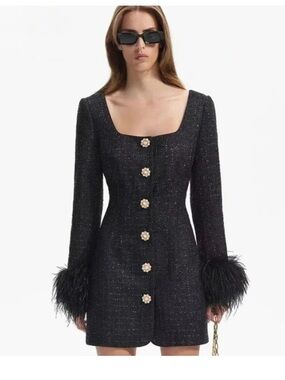 SELF-PORTRAIT
Feather-trimmed bouclé minidress US 6